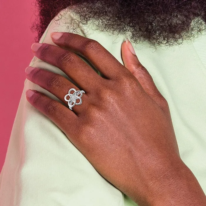 Solid 14k White Gold Polished Simulated CZ Flower Ring Goldia Rings