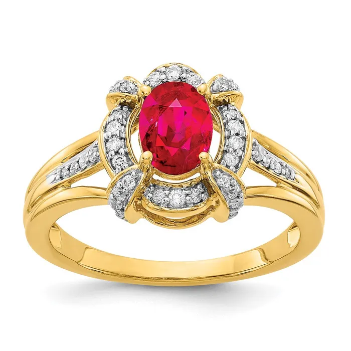 Solid 14k Yellow Gold Simulated CZ and Oval Ruby Ring Goldia Rings