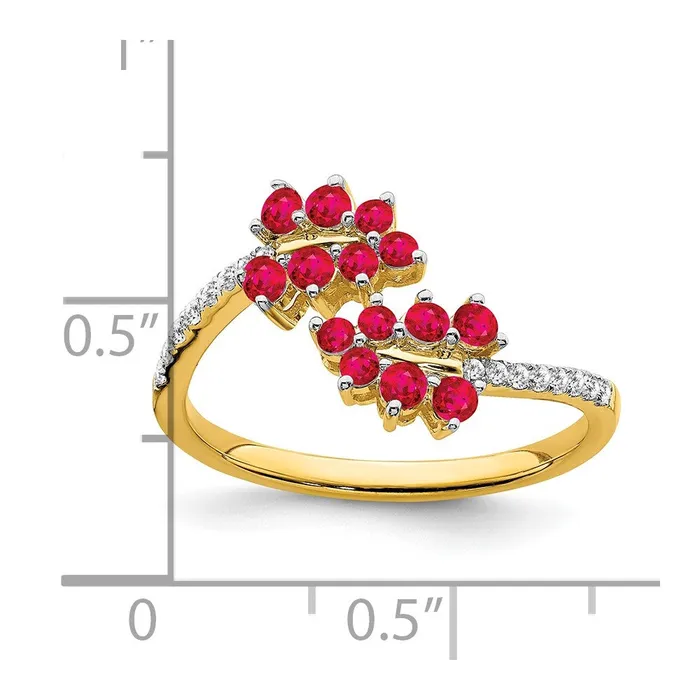 Solid 14k Yellow Gold Simulated Ruby and CZ Leaves Bypass Ring Goldia Rings