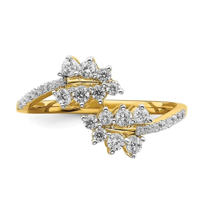 Solid 14k Yellow Gold Simulated Ruby and CZ Leaves Bypass Ring Goldia Rings