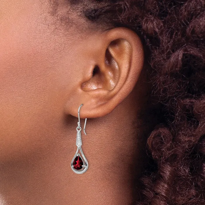 Sterling Silver Rhodiumplated CZ and Garnet Shepherd Hook Earrings Goldia Earrings