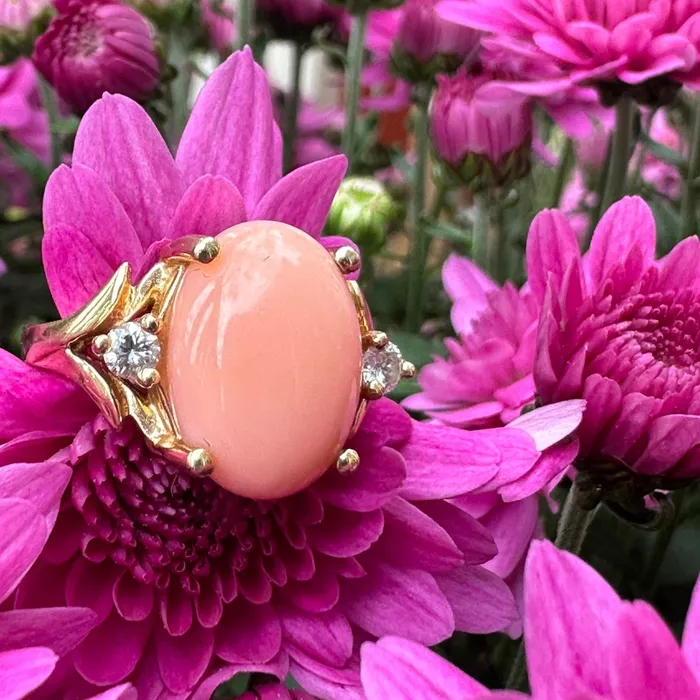 14 Karat Yellow Gold Coral Diamond Ring 20002033 ONeills Estate Jewelry Rings