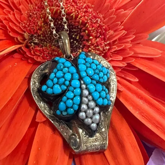 14 Karat Yellow Gold Turquoise Seed Pearls Necklace 23000645 ONeills Estate Jewelry Necklaces