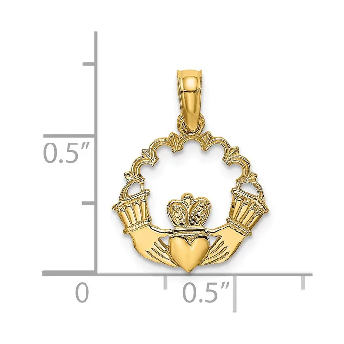 14K Engraved Claddagh In Scallop Circle Charm TreasureFineJewelers Charm Necklaces