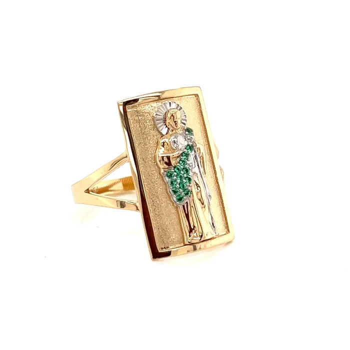 14K GOLD San Judas Ring Green CZ Diamond Trendolla Jewelry Rings