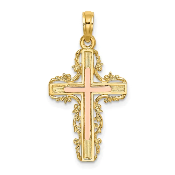 14K TwoTone w Lace Trim Cross Charm TreasureFineJewelers Charm Necklaces 14K TwoTone w Lace Trim Cross Charm TreasureFineJewelers Charm Necklaces