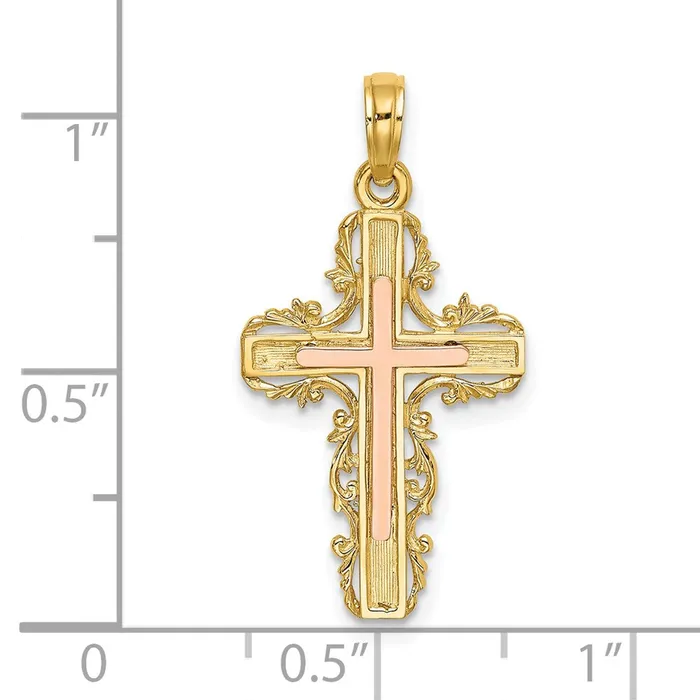 14K TwoTone w Lace Trim Cross Charm TreasureFineJewelers Charm Necklaces