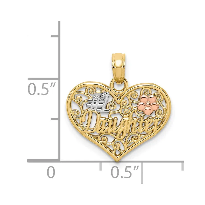 14k Twotone White Rhodium 1 DAUGHTER In Heart w Flowers Charm TreasureFineJewelers Rings
