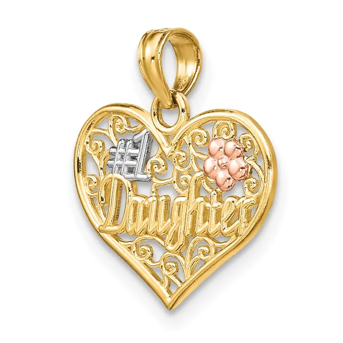 14k Twotone White Rhodium 1 DAUGHTER In Heart w Flowers Charm TreasureFineJewelers Rings