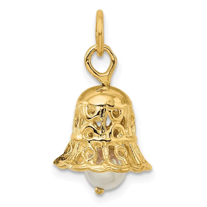 14k Yellow Gold 3D Wedding Bell w Fresh Water Cultured Pearl Charm TreasureFineJewelers Earrings
