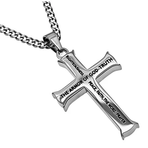 Armor of God Cross Necklace Ephesians 6 Steel Curb Chain Christian Verse North Arrow Shop Necklaces