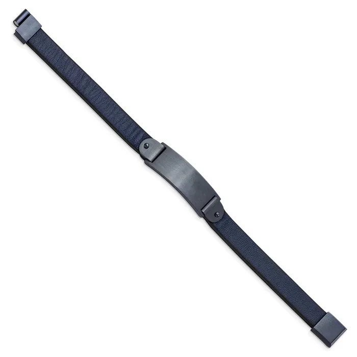 Bracelets Chisel Stainless Steel Brushed Dark Grey IPplated Blue Leather 85 inch ID Bracelet TreasureFineJewelers