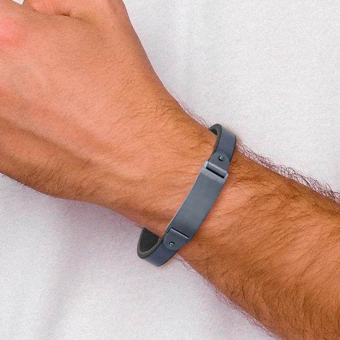 Bracelets Chisel Stainless Steel Brushed Dark Grey IPplated Blue Leather 85 inch ID Bracelet TreasureFineJewelers