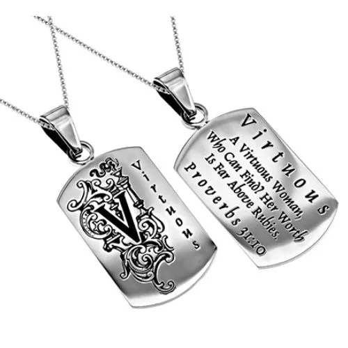 Bracelets North Arrow Shop Womens Monogram V Christian Dog Tag Proverbs 31 VIRTUOUS WOMAN Stainless Steel Chain Bracelets North Arrow Shop Womens Monogram V Christian Dog Tag Proverbs 31 VIRTUOUS WOMAN Stainless Steel Chain