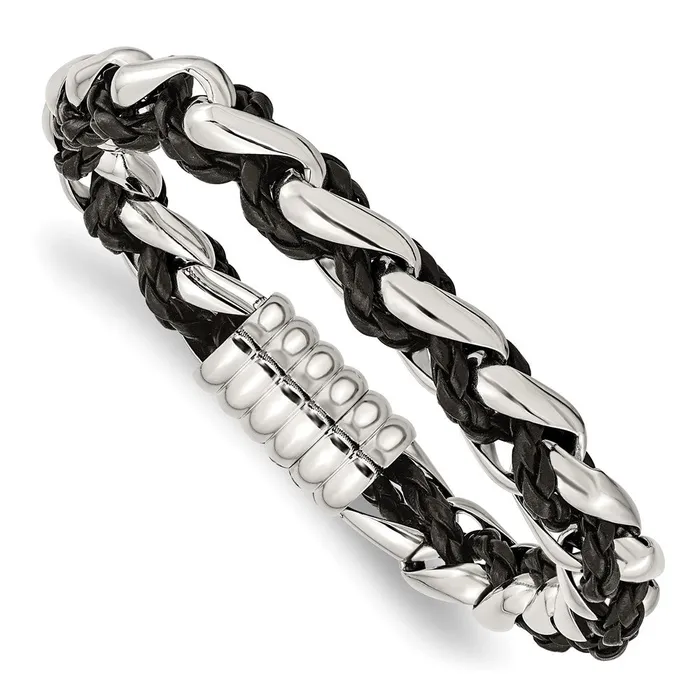 Bracelets TreasureFineJewelers Chisel Stainless Steel Polished Braided Black Leather 85 inch Bracelet Bracelets TreasureFineJewelers Chisel Stainless Steel Polished Braided Black Leather 85 inch Bracelet