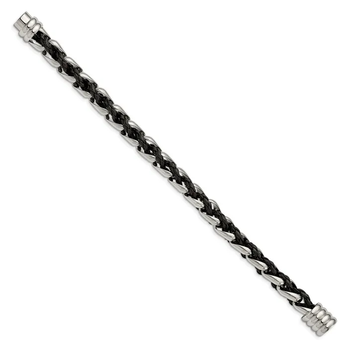Bracelets TreasureFineJewelers Chisel Stainless Steel Polished Braided Black Leather 85 inch Bracelet