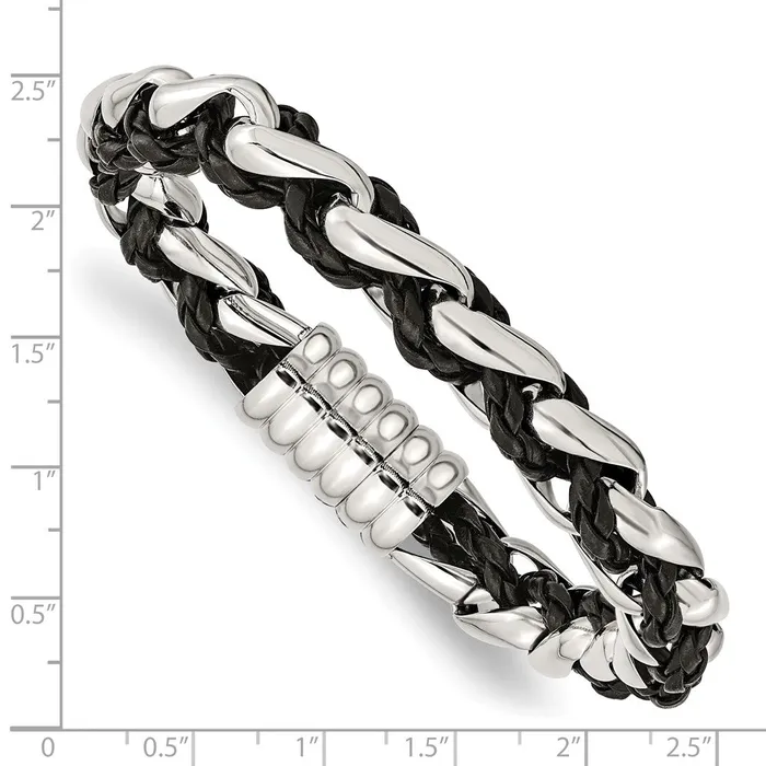 Bracelets TreasureFineJewelers Chisel Stainless Steel Polished Braided Black Leather 85 inch Bracelet