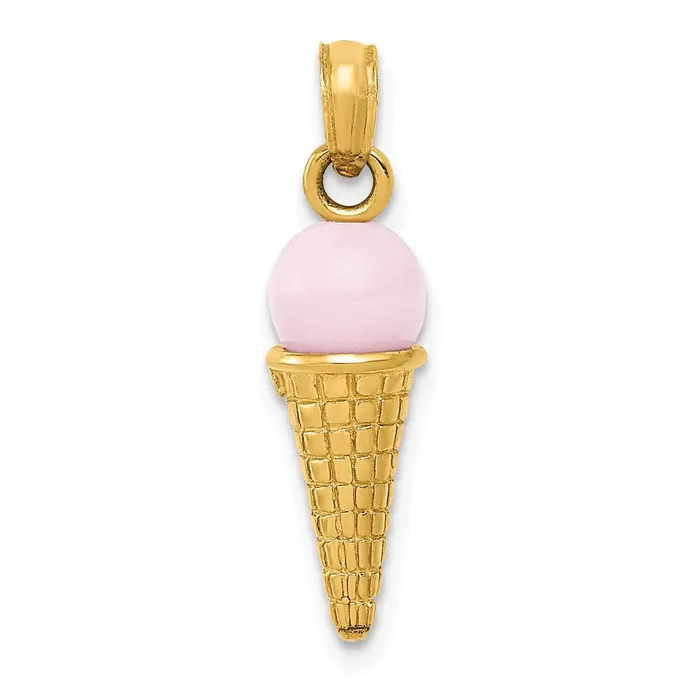 Charm Necklaces 14k Yellow Gold Satin Polished 3D Pink Quartz Ice Cream Cone Charm TreasureFineJewelers