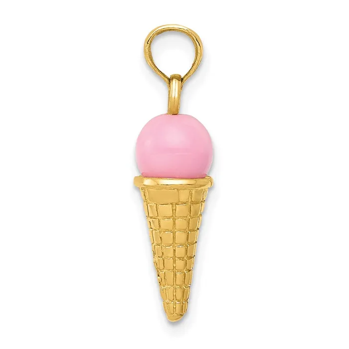 Charm Necklaces 14k Yellow Gold Satin Polished 3D Pink Quartz Ice Cream Cone Charm TreasureFineJewelers