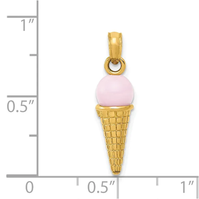 Charm Necklaces 14k Yellow Gold Satin Polished 3D Pink Quartz Ice Cream Cone Charm TreasureFineJewelers