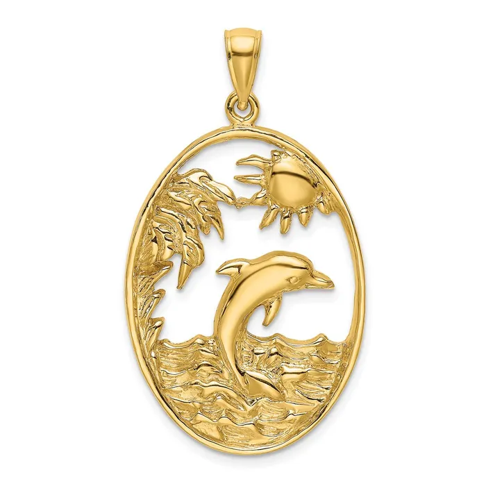 Charm Necklaces TreasureFineJewelers 14K Dolphin Jumping in Ocean Scene Charm