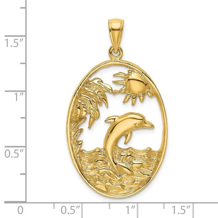 Charm Necklaces TreasureFineJewelers 14K Dolphin Jumping in Ocean Scene Charm