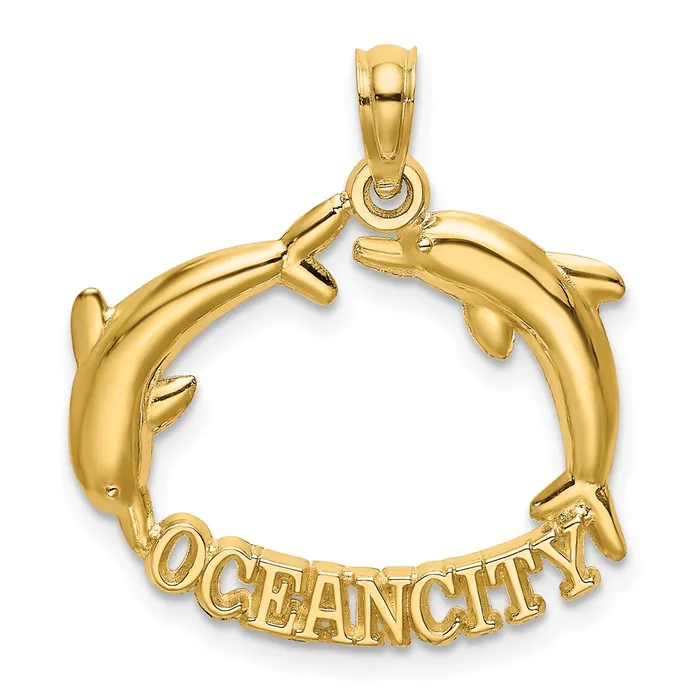 Charm Necklaces TreasureFineJewelers 14k Polished OCEAN CITY w Jumping Dolphins Charm