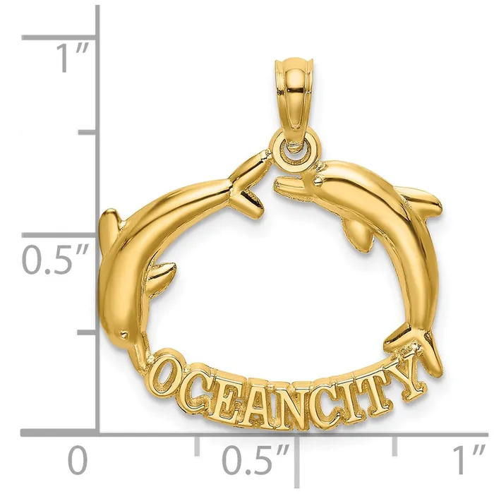 Charm Necklaces TreasureFineJewelers 14k Polished OCEAN CITY w Jumping Dolphins Charm
