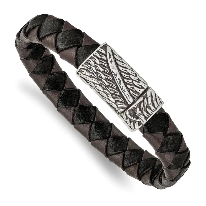 Chisel Stainless Steel Antiqued and Polished Sword Black and Brown Braided Leather 85 inch Bracelet TreasureFineJewelers Bracelets Chisel Stainless Steel Antiqued and Polished Sword Black and Brown Braided Leather 85 inch Bracelet TreasureFineJewelers Bracelets