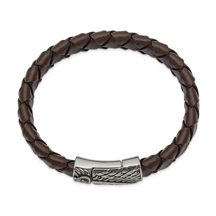 Chisel Stainless Steel Antiqued and Polished Sword Black and Brown Braided Leather 85 inch Bracelet TreasureFineJewelers Bracelets