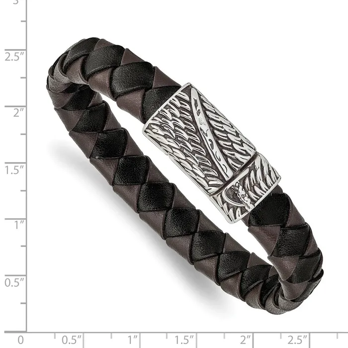 Chisel Stainless Steel Antiqued and Polished Sword Black and Brown Braided Leather 85 inch Bracelet TreasureFineJewelers Bracelets