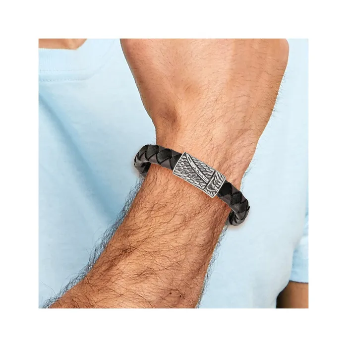 Chisel Stainless Steel Antiqued and Polished Sword Black and Brown Braided Leather 85 inch Bracelet TreasureFineJewelers Bracelets