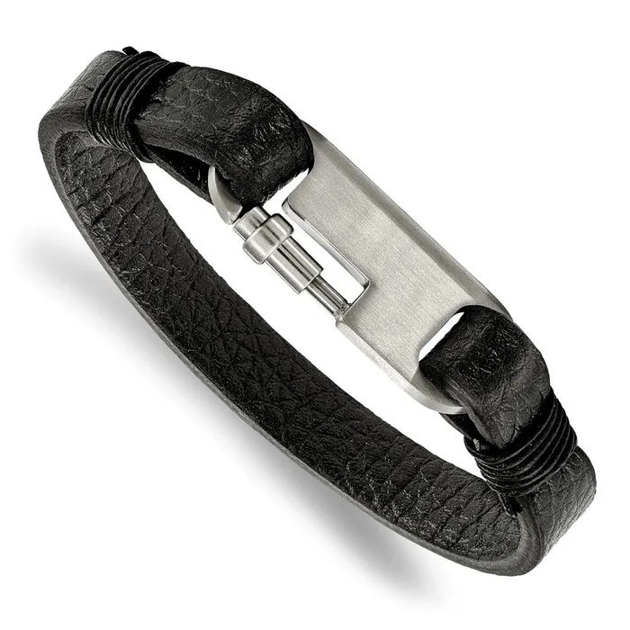 Chisel Stainless Steel Brushed Black Leather 8 inch Bracelet TreasureFineJewelers Bracelets Chisel Stainless Steel Brushed Black Leather 8 inch Bracelet TreasureFineJewelers Bracelets