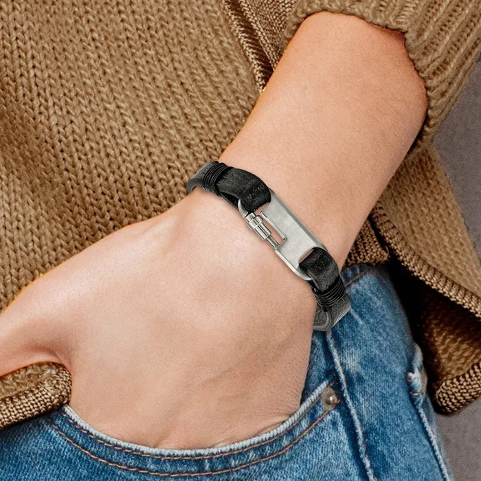 Chisel Stainless Steel Brushed Black Leather 8 inch Bracelet TreasureFineJewelers Bracelets