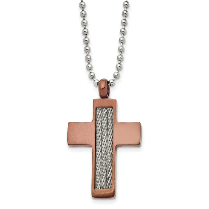 Chisel Stainless Steel Brushed Brown IPplated with Cable Inlay Cross Pendant on a 24 inch Ball Chain Necklace TreasureFineJewelers Necklaces Chisel Stainless Steel Brushed Brown IPplated with Cable Inlay Cross Pendant on a 24 inch Ball Chain Necklace TreasureFineJewelers Necklaces