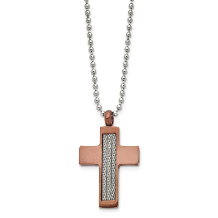 Chisel Stainless Steel Brushed Brown IPplated with Cable Inlay Cross Pendant on a 24 inch Ball Chain Necklace TreasureFineJewelers Necklaces