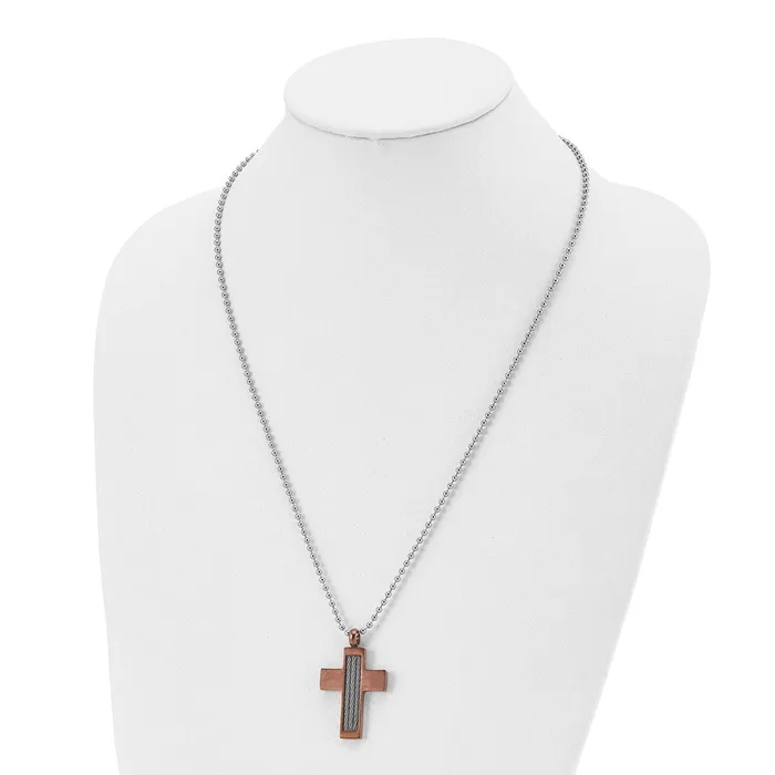 Chisel Stainless Steel Brushed Brown IPplated with Cable Inlay Cross Pendant on a 24 inch Ball Chain Necklace TreasureFineJewelers Necklaces