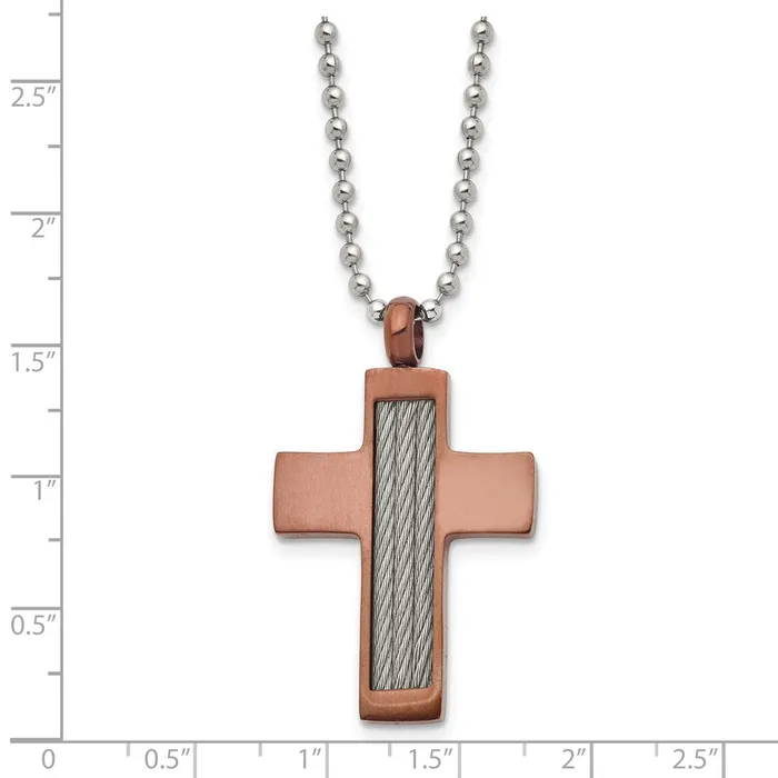 Chisel Stainless Steel Brushed Brown IPplated with Cable Inlay Cross Pendant on a 24 inch Ball Chain Necklace TreasureFineJewelers Necklaces