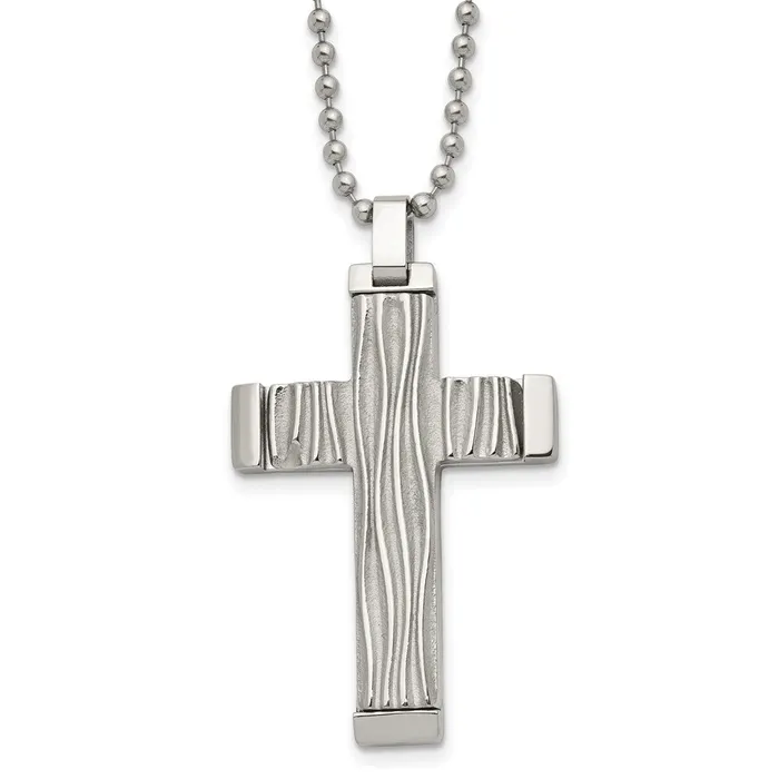 Chisel Stainless Steel Polished and Textured Wave Design Cross Pendant on a 22 inch Ball Chain Necklace TreasureFineJewelers Necklaces Chisel Stainless Steel Polished and Textured Wave Design Cross Pendant on a 22 inch Ball Chain Necklace TreasureFineJewelers Necklaces