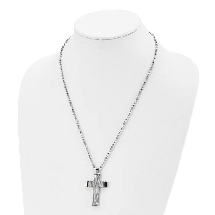 Chisel Stainless Steel Polished and Textured Wave Design Cross Pendant on a 22 inch Ball Chain Necklace TreasureFineJewelers Necklaces