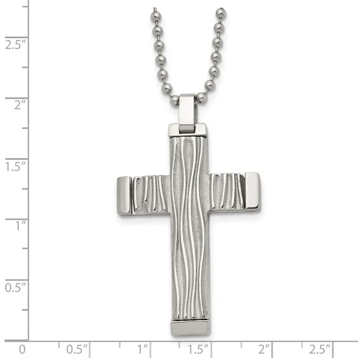 Chisel Stainless Steel Polished and Textured Wave Design Cross Pendant on a 22 inch Ball Chain Necklace TreasureFineJewelers Necklaces