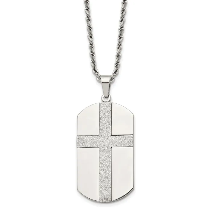 Chisel Stainless Steel Polished Laser Cut Cross Dog Tag on a 24 inch Rope Chain Necklace TreasureFineJewelers Necklaces Chisel Stainless Steel Polished Laser Cut Cross Dog Tag on a 24 inch Rope Chain Necklace TreasureFineJewelers Necklaces