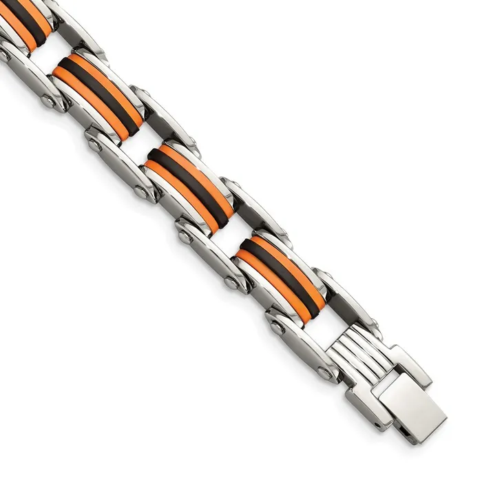 Chisel Stainless Steel Polished with Black and Orange Polyurethane 875 inch Link Bracelet TreasureFineJewelers Bracelets Chisel Stainless Steel Polished with Black and Orange Polyurethane 875 inch Link Bracelet TreasureFineJewelers Bracelets