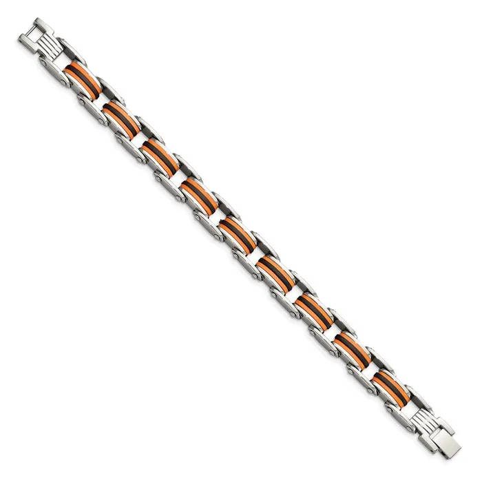 Chisel Stainless Steel Polished with Black and Orange Polyurethane 875 inch Link Bracelet TreasureFineJewelers Bracelets
