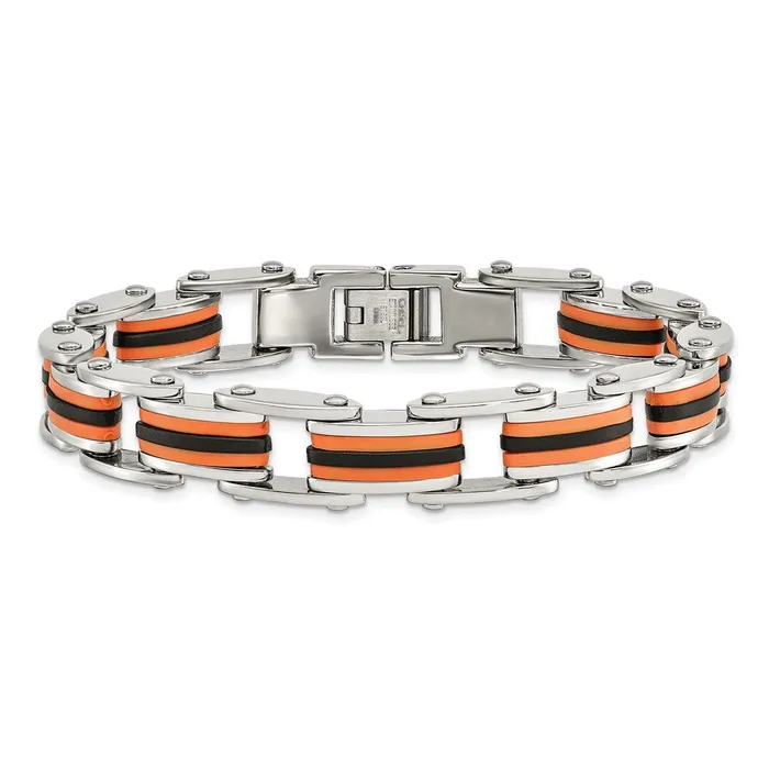 Chisel Stainless Steel Polished with Black and Orange Polyurethane 875 inch Link Bracelet TreasureFineJewelers Bracelets