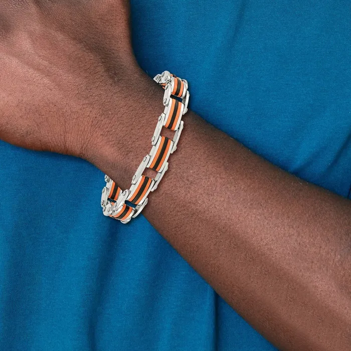 Chisel Stainless Steel Polished with Black and Orange Polyurethane 875 inch Link Bracelet TreasureFineJewelers Bracelets