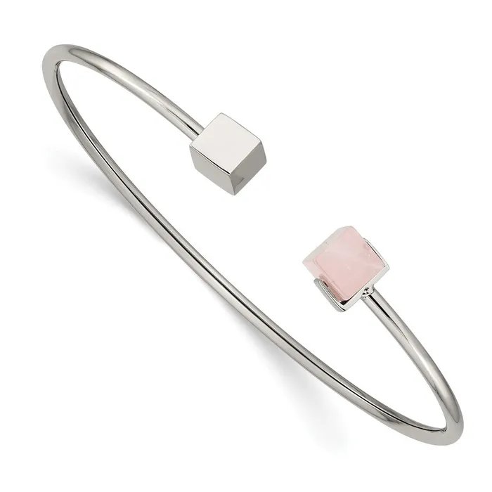 Chisel Stainless Steel Polished with Rose Quartz Flexible Cuff Bangle TreasureFineJewelers Bracelets Chisel Stainless Steel Polished with Rose Quartz Flexible Cuff Bangle TreasureFineJewelers Bracelets