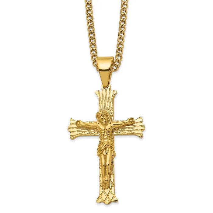 Chisel Stainless Steel Polished Yellow IPplated Crucifix Pendant on a 24 inch Curb Chain Necklace TreasureFineJewelers Necklaces Chisel Stainless Steel Polished Yellow IPplated Crucifix Pendant on a 24 inch Curb Chain Necklace TreasureFineJewelers Necklaces