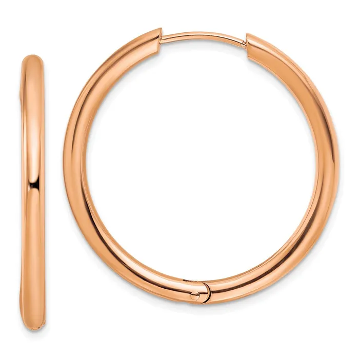 Earrings TreasureFineJewelers Stainless Steel Polished Rose IPplated 3mm Hinged Hoop Earrings Earrings TreasureFineJewelers Stainless Steel Polished Rose IPplated 3mm Hinged Hoop Earrings