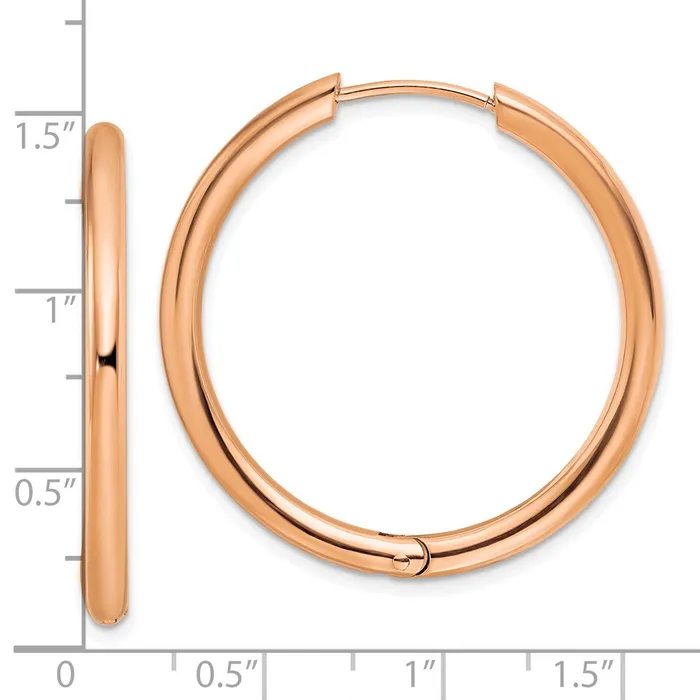 Earrings TreasureFineJewelers Stainless Steel Polished Rose IPplated 3mm Hinged Hoop Earrings